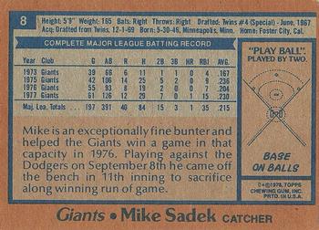 1978 Topps #8 Mike Sadek Back