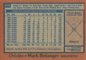 1978 Topps #315 Mark Belanger Back