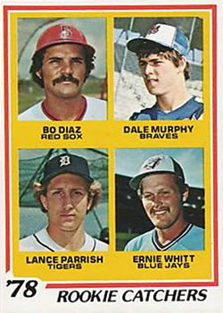 1978 Topps #708 1978 Rookie Catchers (Bo Diaz / Dale Murphy / Lance Parrish / Ernie Whitt) Front