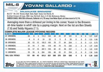 2013 Topps Milwaukee Brewers #MIL8 Yovani Gallardo Back