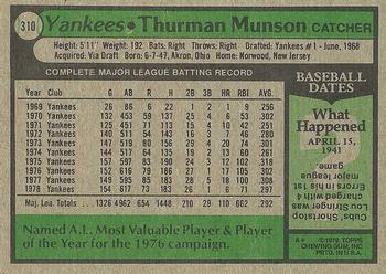 1979 Topps #310 Thurman Munson Back