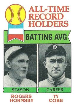 1979 Topps #414 All-Time Record Holders: Batting Average (Rogers Hornsby / Ty Cobb) Front