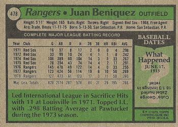 1979 Topps #478 Juan Beniquez Back