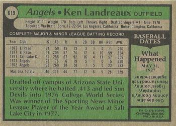 1979 Topps #619 Ken Landreaux Back