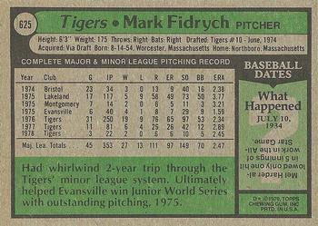 1979 Topps #625 Mark Fidrych Back