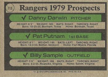 1979 Topps #713 Rangers 1979 Prospects (Danny Darwin / Pat Putnam / Billy Sample) Back