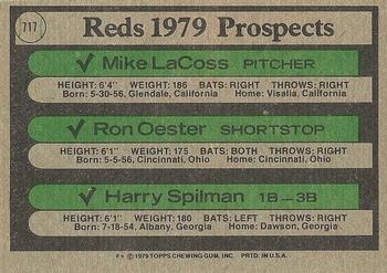1979 Topps #717 Reds 1979 Prospects (Mike LaCoss / Ron Oester / Harry Spilman) Back