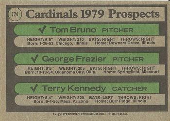1979 Topps #724 Cardinals 1979 Prospects (Tom Bruno / George Frazier / Terry Kennedy) Back
