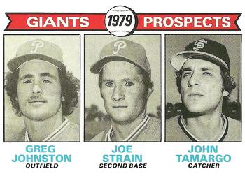1979 Topps #726 Giants 1979 Prospects (Greg Johnston / Joe Strain / John Tamargo) Front