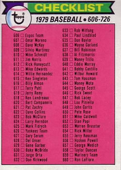 1979 Topps #669 Checklist: 606-726 Front