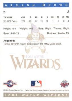 1993 Classic Best Fort Wayne Wizards #2 Armann Brown Back