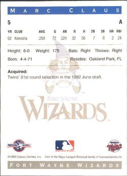 1993 Classic Best Fort Wayne Wizards #5 Marc Claus Back