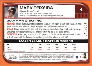 2008 Bowman - Orange #4 Mark Teixeira Back