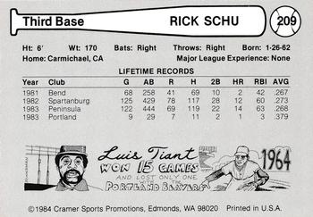 1984 Cramer Portland Beavers #209 Rick Schu Back