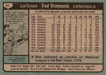 1980 Topps #85 Ted Simmons Back