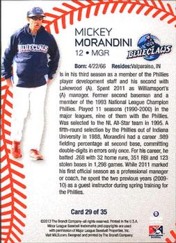 2013 Brandt Lakewood BlueClaws #29 Mickey Morandini Back