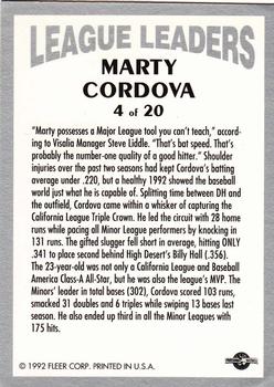 1992-93 Fleer Excel - League Leaders #4 Marty Cordova Back