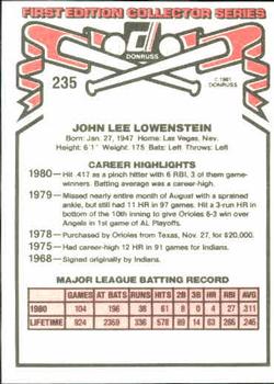 1981 Donruss #235 John Lowenstein Back