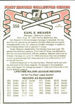 1981 Donruss #356 Earl Weaver Back