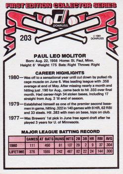 1981 Donruss #203 Paul Molitor Back
