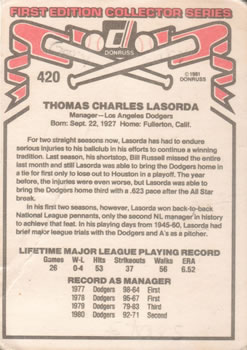 1981 Donruss #420 Tommy Lasorda Back