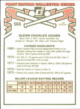 1981 Donruss #566 Glenn Adams Back