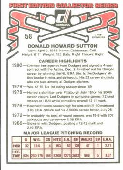 1981 Donruss #58 Don Sutton Back