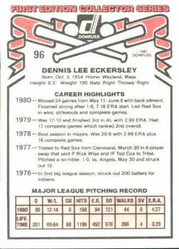 1981 Donruss #96 Dennis Eckersley Back