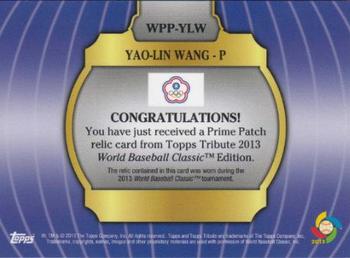 2013 Topps Tribute WBC - Prime Patches Orange #WPP-YLW Yao-Lin Wang Back