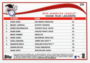 2014 Topps #29 AL 2013 Home Run Leaders (Chris Davis / Miguel Cabrera / Edwin Encarnacion) Back