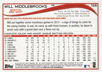 2014 Topps #136 Will Middlebrooks Back