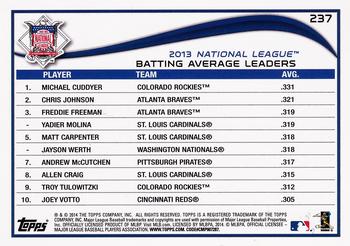 2014 Topps #237 NL 2013 Batting Average Leaders (Michael Cuddyer / Chris Johnson / Freddie Freeman) Back