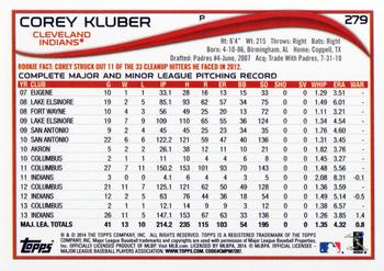 2014 Topps #279 Corey Kluber Back