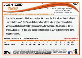 2014 Topps #542 Josh Zeid Back