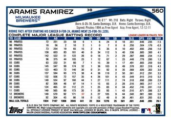 2014 Topps #560 Aramis Ramirez Back