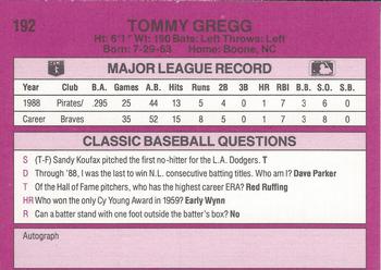 1989 Classic #192 Tommy Gregg Back