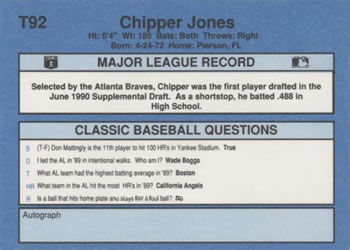 1990 Classic Yellow #T92 Chipper Jones Back