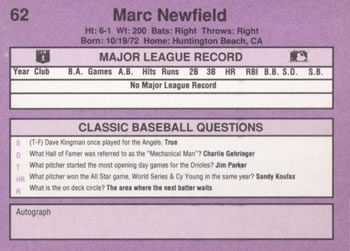1991 Classic #62 Marc Newfield Back