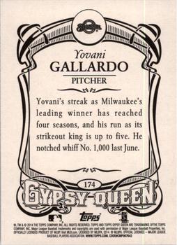 2014 Topps Gypsy Queen #174 Yovani Gallardo Back