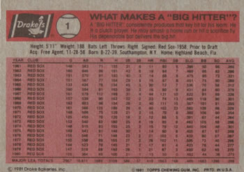 1981 Topps Drake's Big Hitters #1 Carl Yastrzemski Back