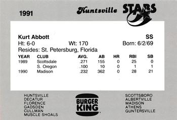 1991 Burger King Huntsville Stars #NNO Kurt Abbott Back