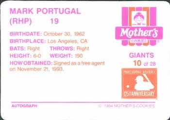 1994 Mother's Cookies San Francisco Giants #10 Mark Portugal Back