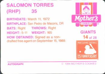 1994 Mother's Cookies San Francisco Giants #14 Salomon Torres Back