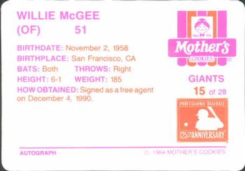 1994 Mother's Cookies San Francisco Giants #15 Willie McGee Back