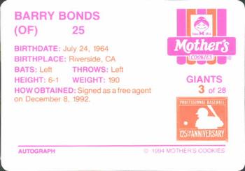 1994 Mother's Cookies San Francisco Giants #3 Barry Bonds Back