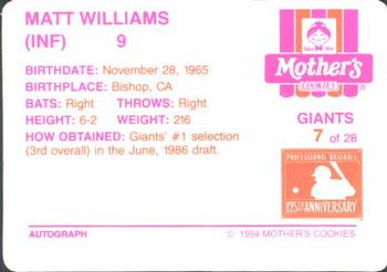 1994 Mother's Cookies San Francisco Giants #7 Matt Williams Back