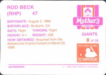 1994 Mother's Cookies San Francisco Giants #8 Rod Beck Back