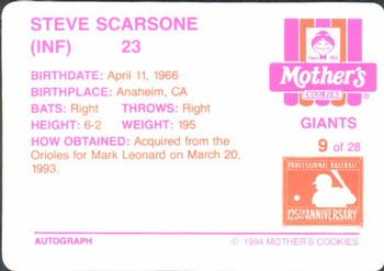1994 Mother's Cookies San Francisco Giants #9 Steve Scarsone Back