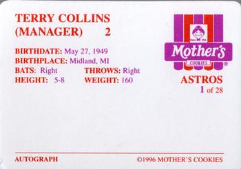 1996 Mother's Cookies Houston Astros #1 Terry Collins Back