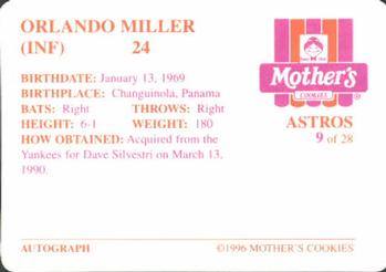 1996 Mother's Cookies Houston Astros #9 Orlando Miller Back